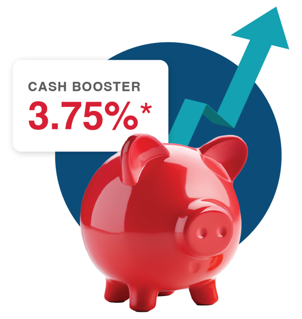 A blue dot behind a piggy bank with an arrow on an upward trajectory. The product title Cash Booster is shown along with an annual percentage yield (APY) of 3.75%. There's an asterisk next to the rate, indicating disclosure information below.